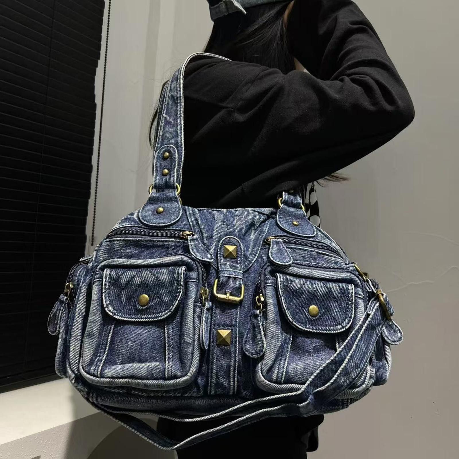 Vintage Black Vintage Style Denim Handbag with Multiple Pockets Size ONE SIZE - 4 Thumbnail