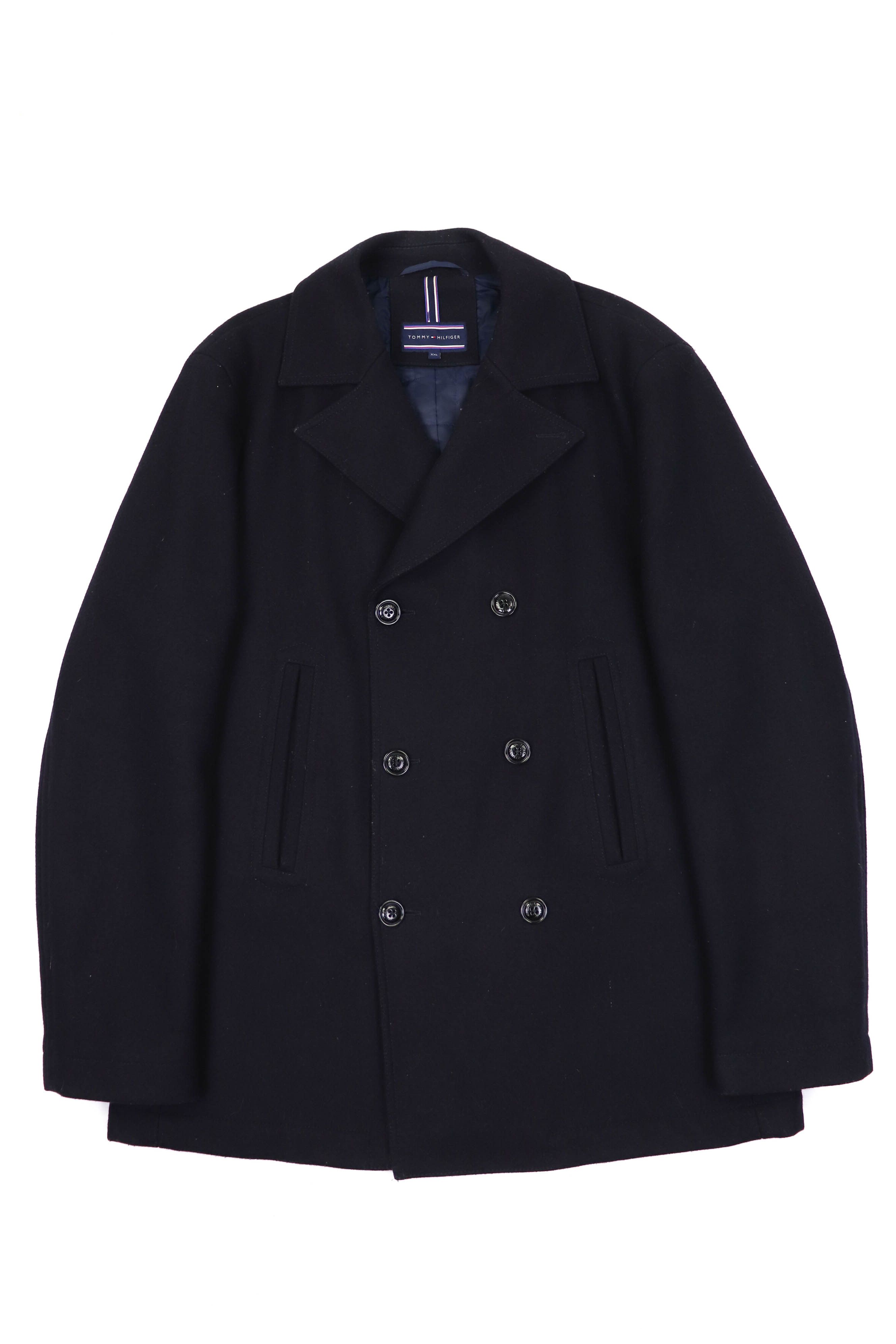 image of Tommy Hilfiger Double Breasted Dark Navy Blue Wool Peacoat, Men's (Size 2XL)