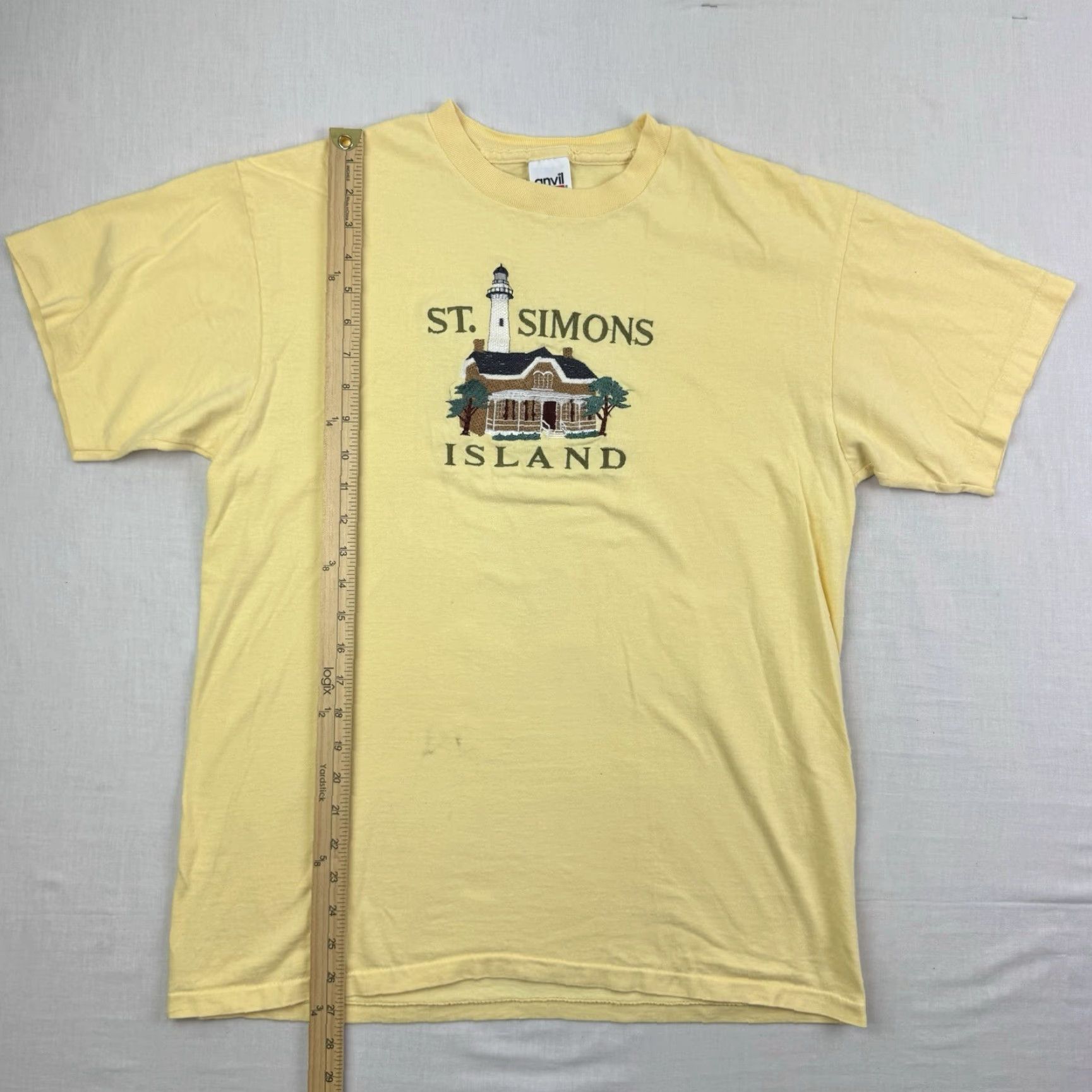 Anvil VINTAGE Anvil St Simons Island T-Shirt Adult Large Yellow Embroidered 90s Fun Mens Size US L / EU 52-54 / 3 - 7 Thumbnail