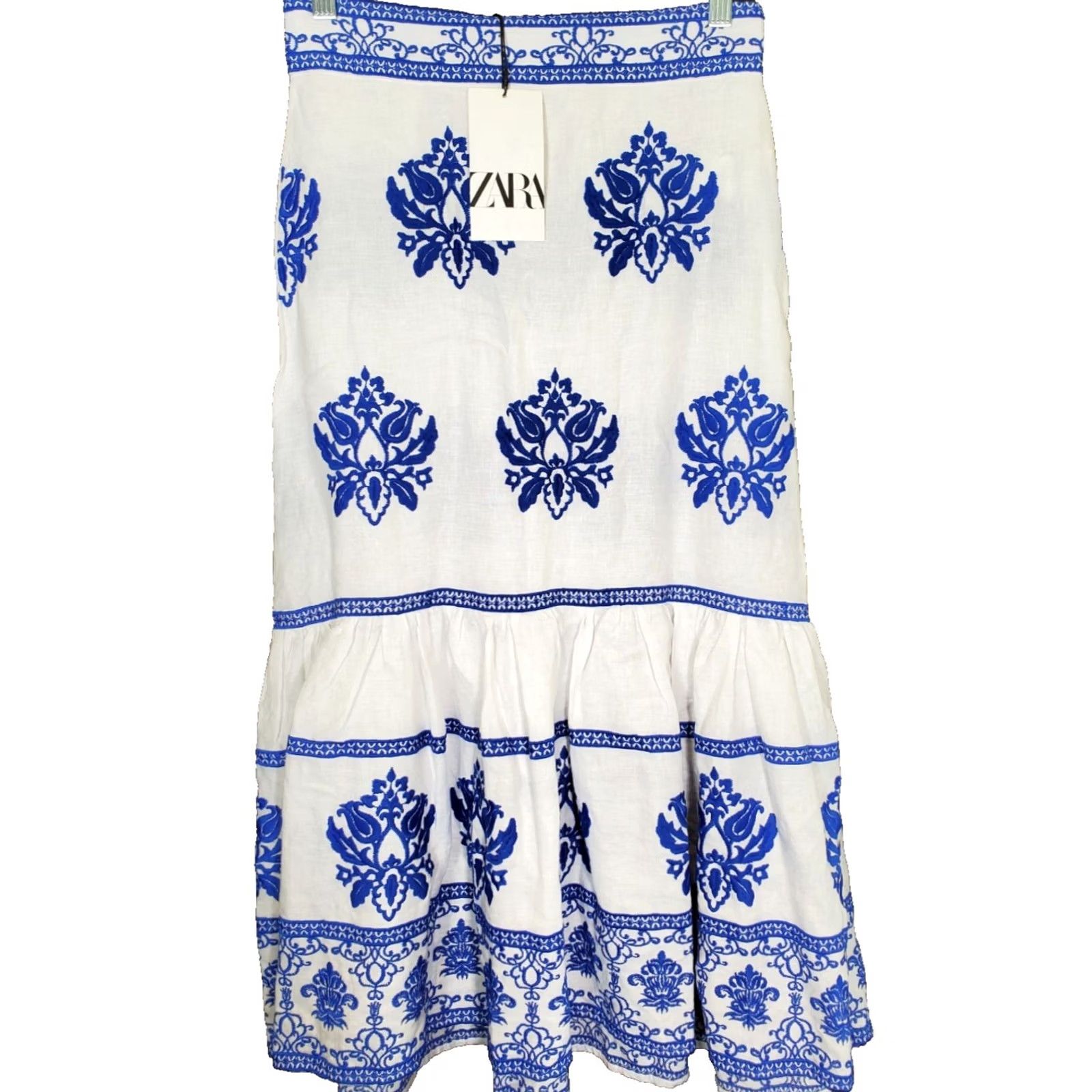 Zara ZARA Embroidered Midi Linen Skirt White/Blue Women's S New With Tags NWT Size 28" / US 6 / IT 42 - 2 Thumbnail