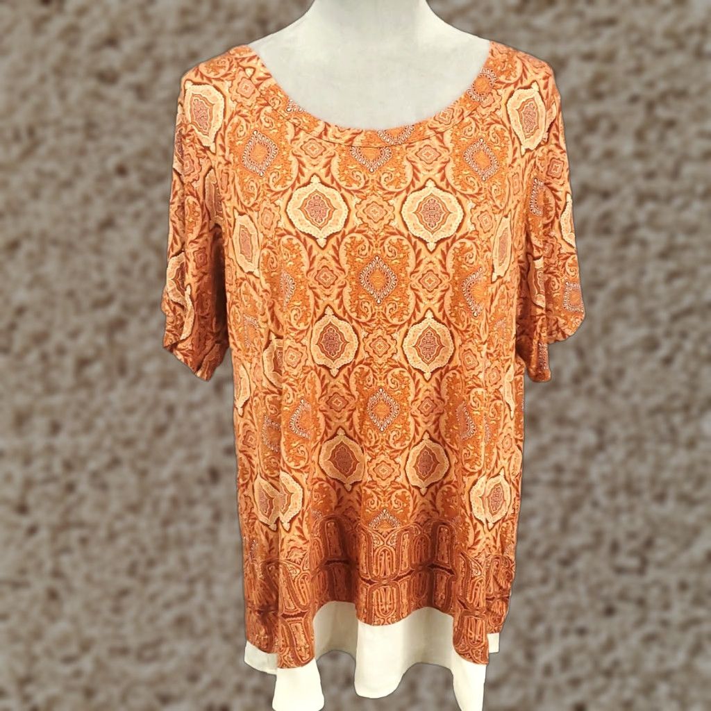 Vintage Womens 1X Orange Chiffon Geometric Blouse Top Layered Look Casual Sleeve Round Neck Pullover Plus Size 1X Rose And Olive Size XL / US 12-14 / IT 48-50 - 1 Thumbnail