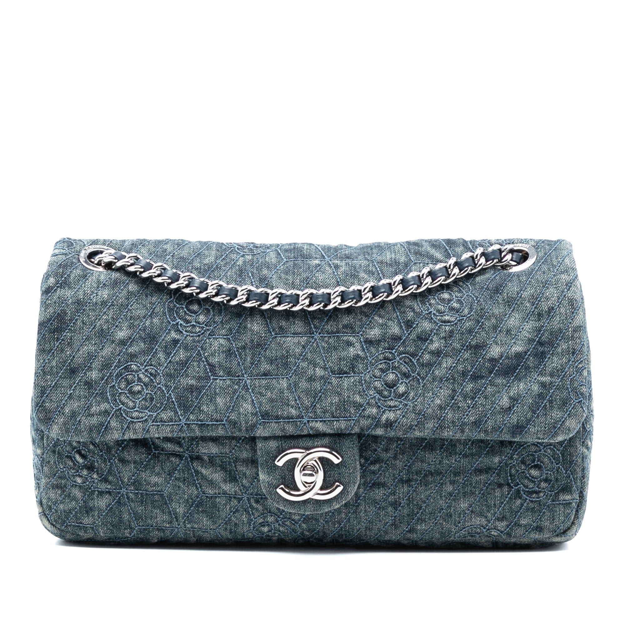 Chanel Large Embroidered Denim Camellia Flap in Blue, Women's