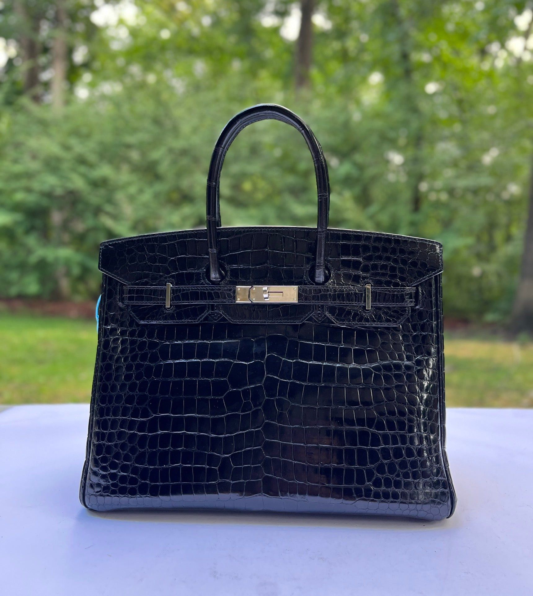 Hermes Shiny Porosus Crocodile Birkin 35 Palladium Black Bag