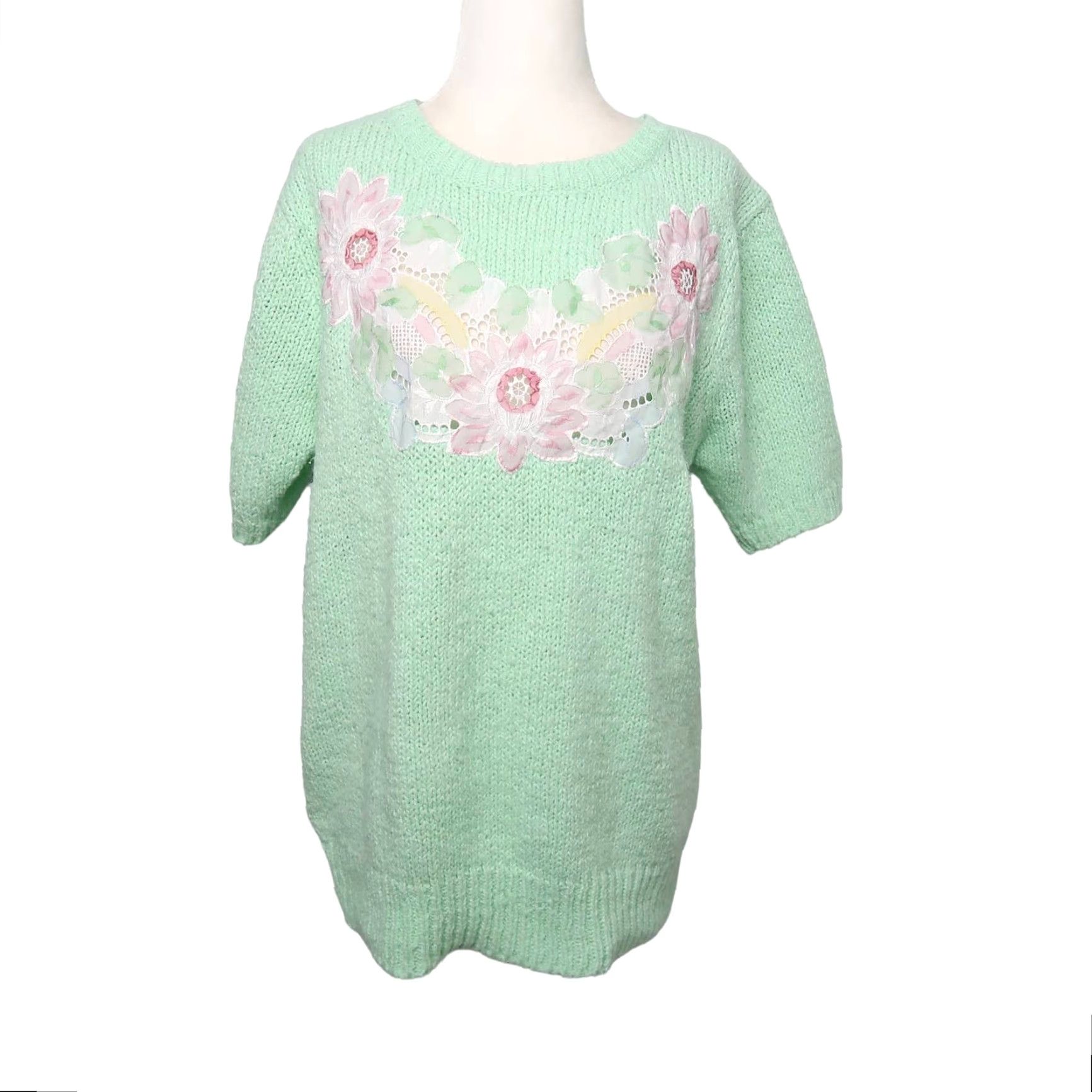 Vintage VINTAGE 80s mint green floral embroidered knit short sleeve sweater L Rochelle Mens? Women? Size L / US 10 / IT 46 - 2 Thumbnail