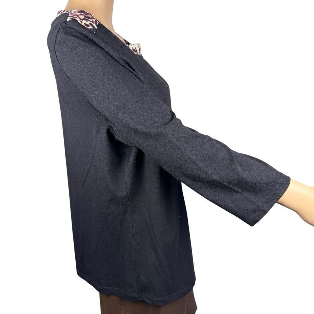 Other Susan Graver Weekend Black Animal Print Trim 3/4 Sleeve Top Size L / US 10 / IT 46 - 3 Thumbnail