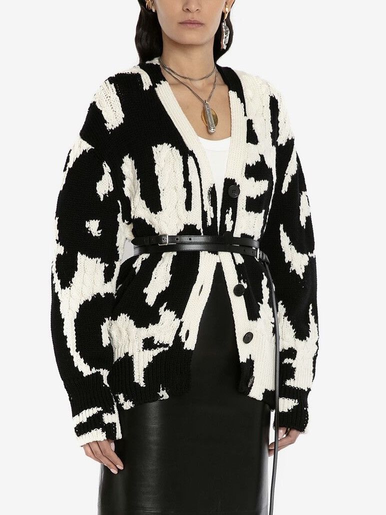 image of Alexander Mcqueen Graffiti Cable-Knit Slouch Cardigan in White/Black, Women's (Size Small)