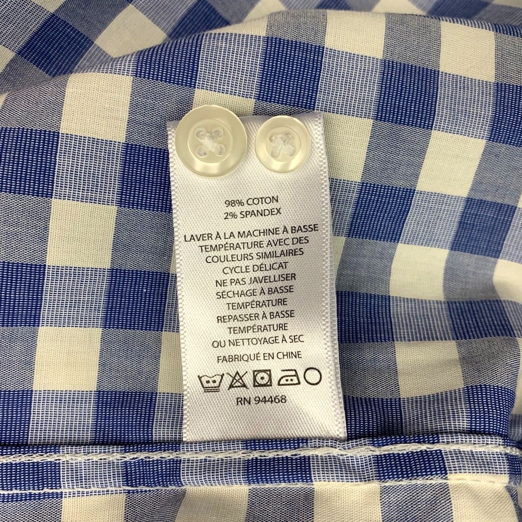 Hickey Freeman Cotton Stretch Button Shirt Blue White Gingham Check Long Sleeve Large Mens