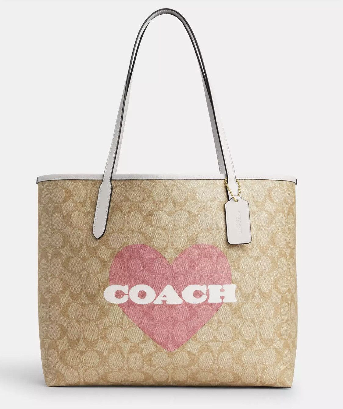 image of NWT Coach City Tote In Signature Canvas With Heart Print in Beige, Women's