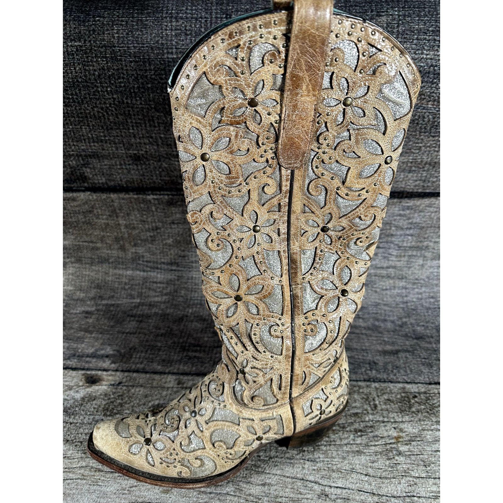 Corral Corral Ladies Sand Brown Glitter Inlay Studs Knee Boots 9.5 Size US 9.5 / IT 39.5 - 6 Thumbnail