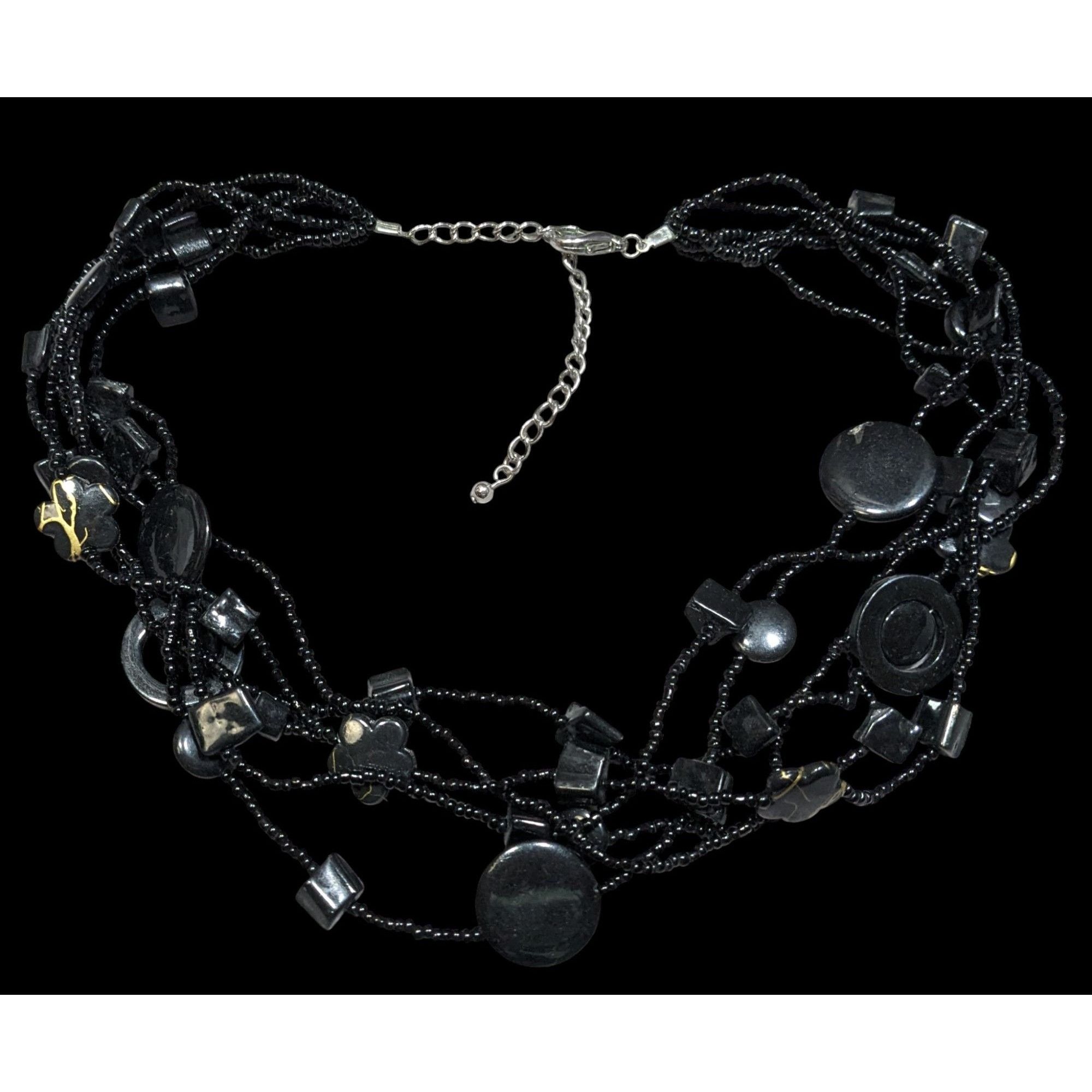 Other Multistrand Black Beaded Artisan Necklace With Geometric Sto Size ONE SIZE - 2 Thumbnail