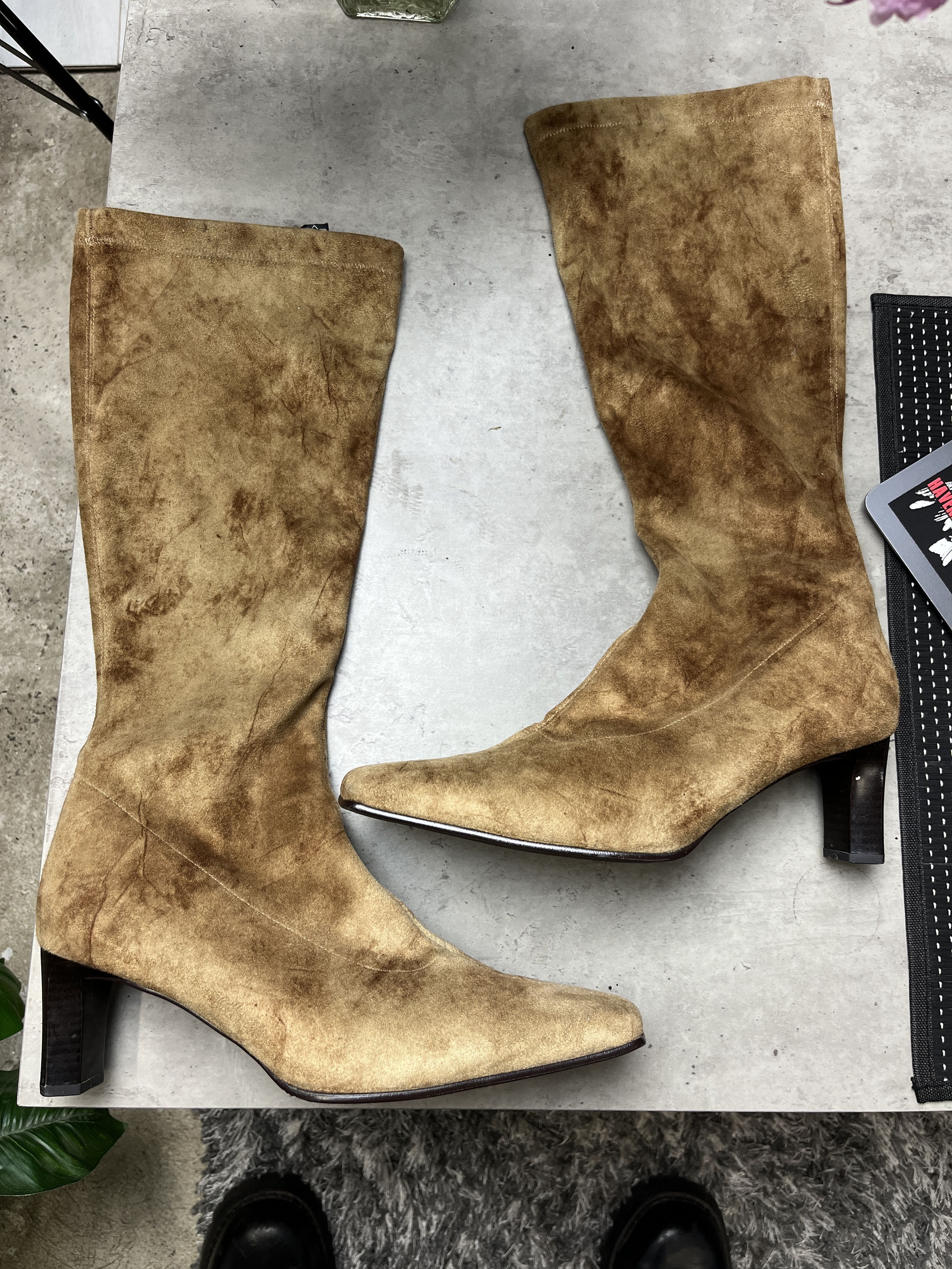 Other 1990s SUEDE SQUARE TOE TALL KITTEN HEEL BOOTS - 5148 Size US 7.5 / IT 37.5 - 2 Thumbnail