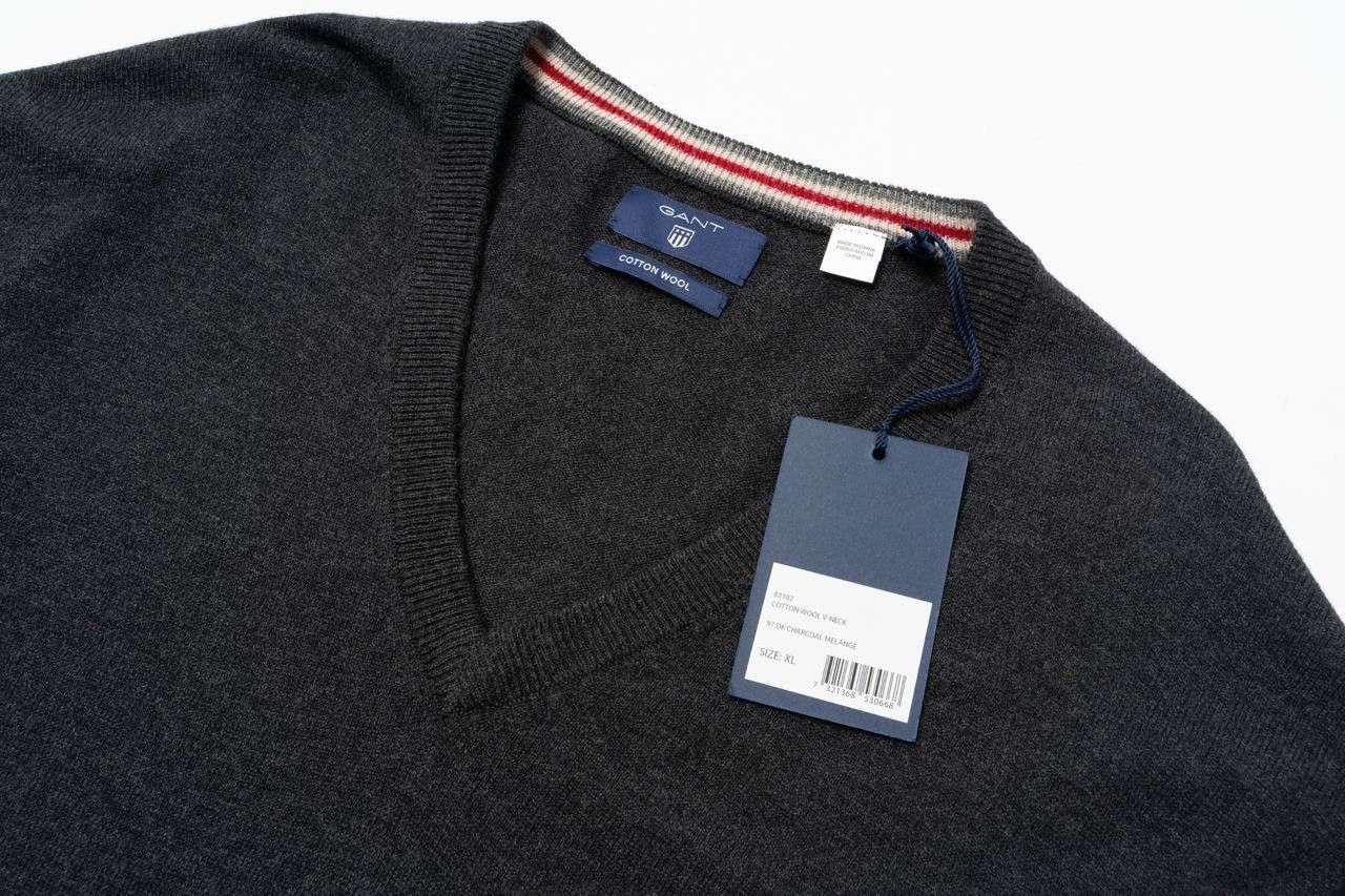 Gant 🔵GANT Wool Cotton blend V-Neck Sweater Jumper Gray Melange Size US XL / EU 56 / 4 - 7 Thumbnail