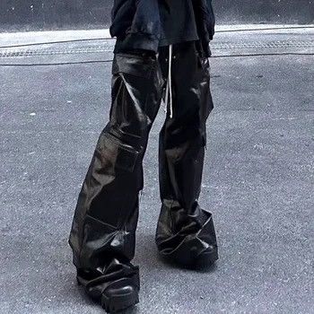 RO Style Glossy Black Pu Leather Pants Hombre Baggy