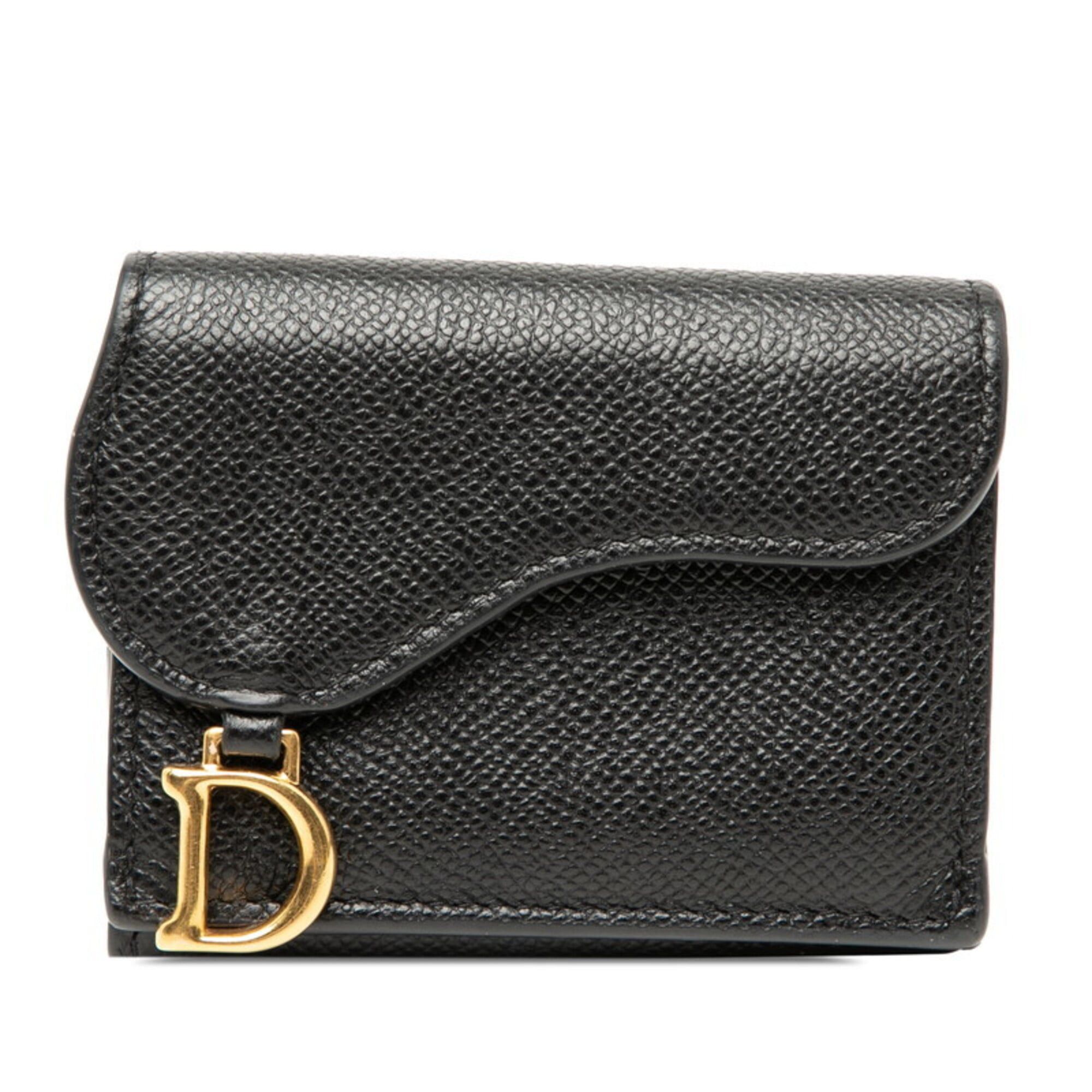 Dior Christian Dior Dior Saddle Tri-fold Wallet Compact Black Gold Hardware Leather Women's Size ONE SIZE - 1 Thumbnail