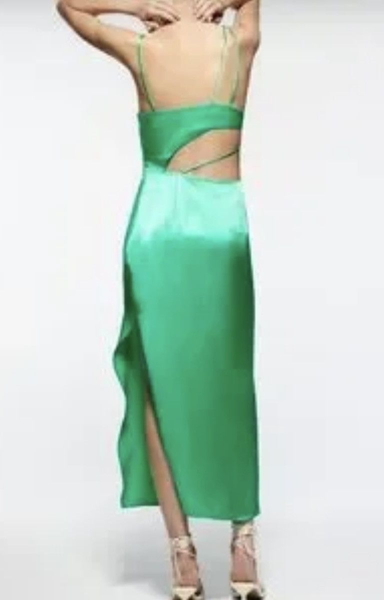 Zara Zara Asymmetrical Green Satin Strappy Side Slit Midi Dress Size L / US 10 / IT 46 - 9 Thumbnail