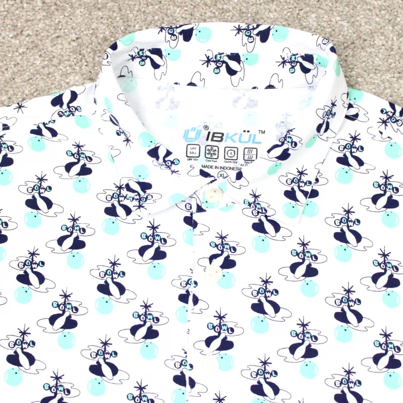 Vintage IBKUL Polo Shirt Mens XL Blue/Green "Bowl" All Over Print UPF 50+ Golf S/S Shirt Size US XL / EU 56 / 4 - 4 Thumbnail