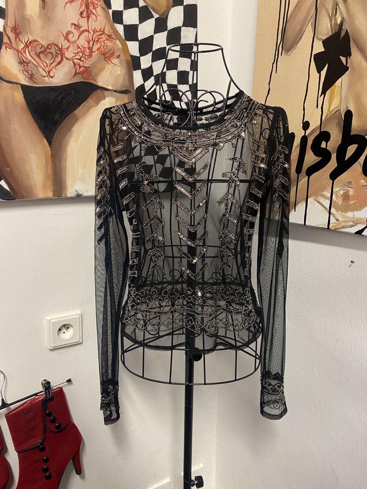 Vintage Black transparent long-sleeved top with beautiful patterns Size L / US 10 / IT 46 - 1 Thumbnail