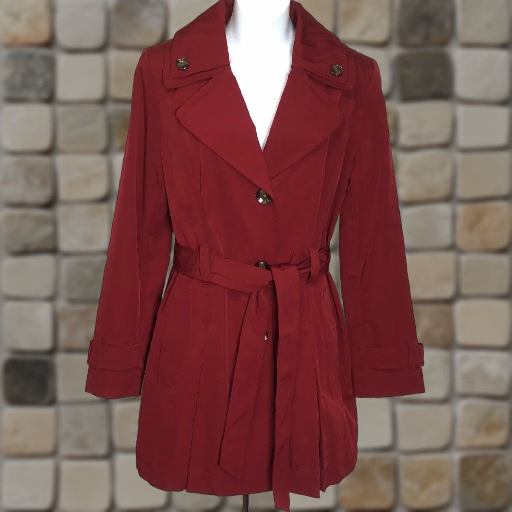 Liz Claiborne Women's Rain Coat Jacket Vintage 90s City Glam Red S Mid-Length Belted Stylish