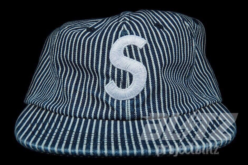 SS17 SUPREME WASHED DENIM S LOGO 6 PANEL CAP HAT BLUE STRIPE
