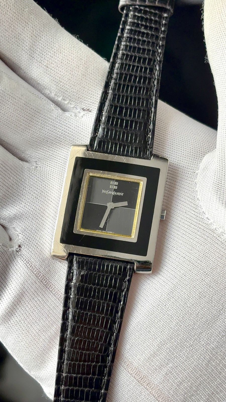 Yves Saint Laurent Vintage YSL square enamel bezel square grey black dial croc Size ONE SIZE - 3 Thumbnail