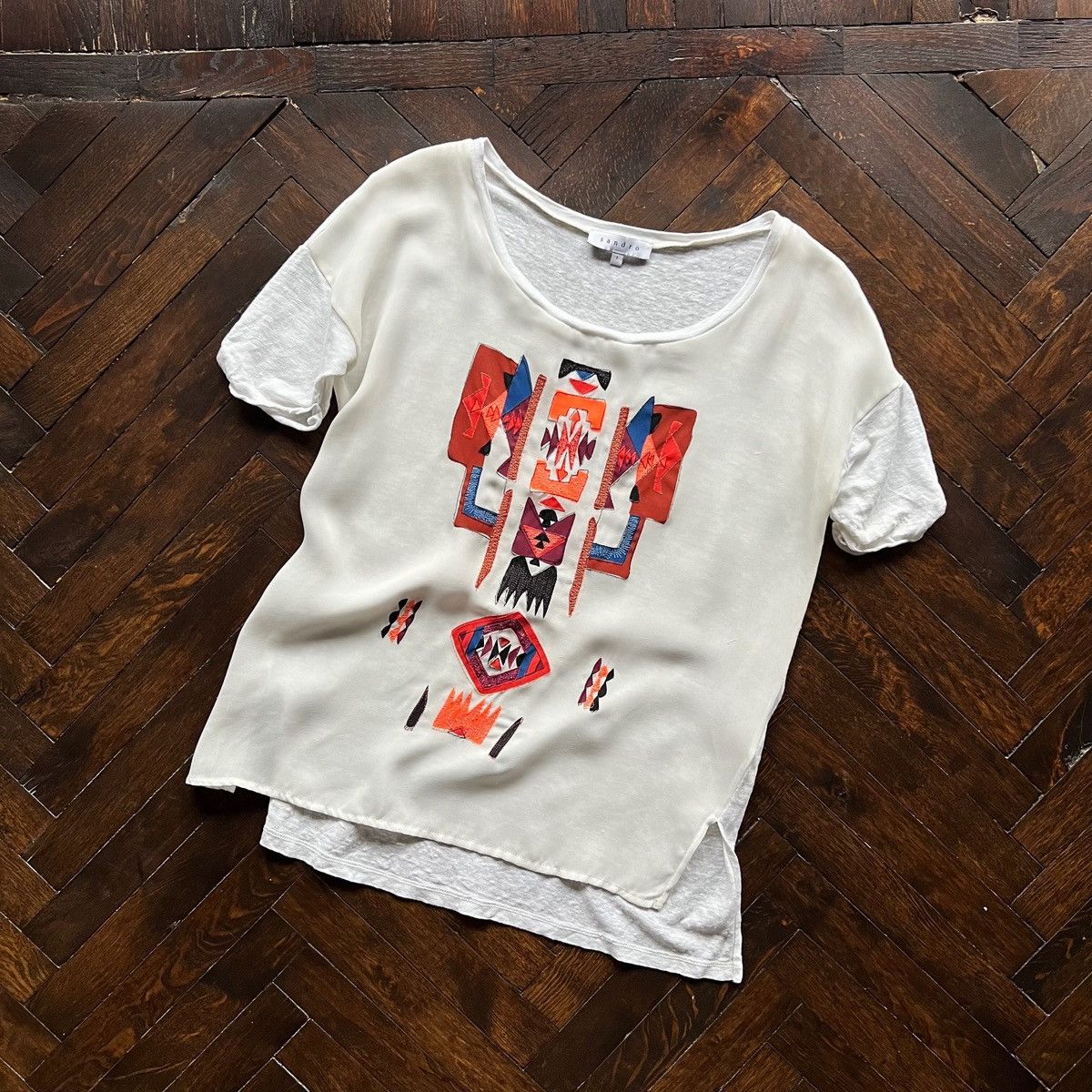 Sandro Sandro Paris Womens Linen Short Sleeve T-Shirt Blouse Aztec Size S / US 4 / IT 40 - 4 Thumbnail