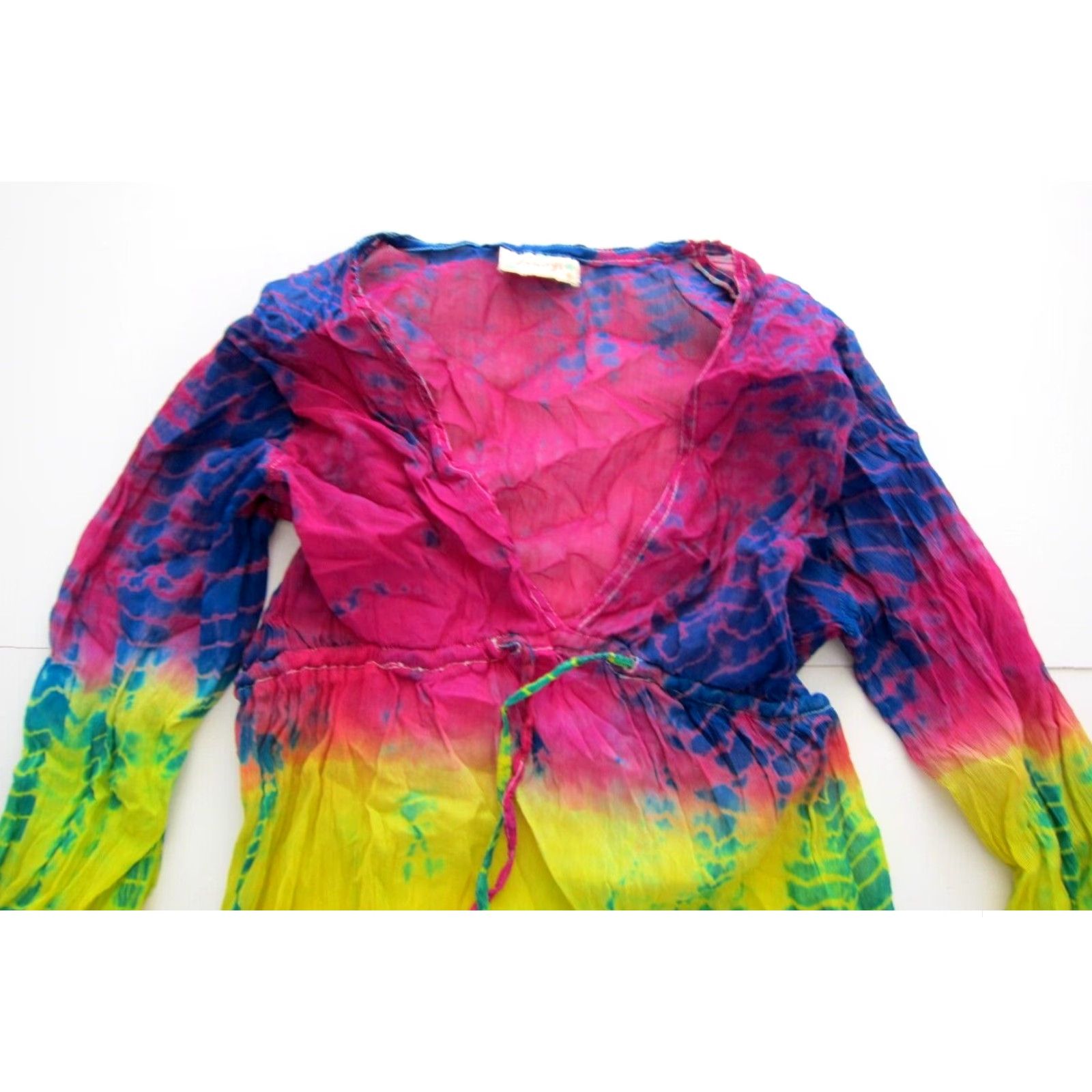 Pinko VINTAGE Bhag's Blouse Shirt Womens S-M Tie Dye Long Sleeve 100% Rayon Pink Yellow Green V-Neck Size S / US 4 / IT 40 - 3 Thumbnail
