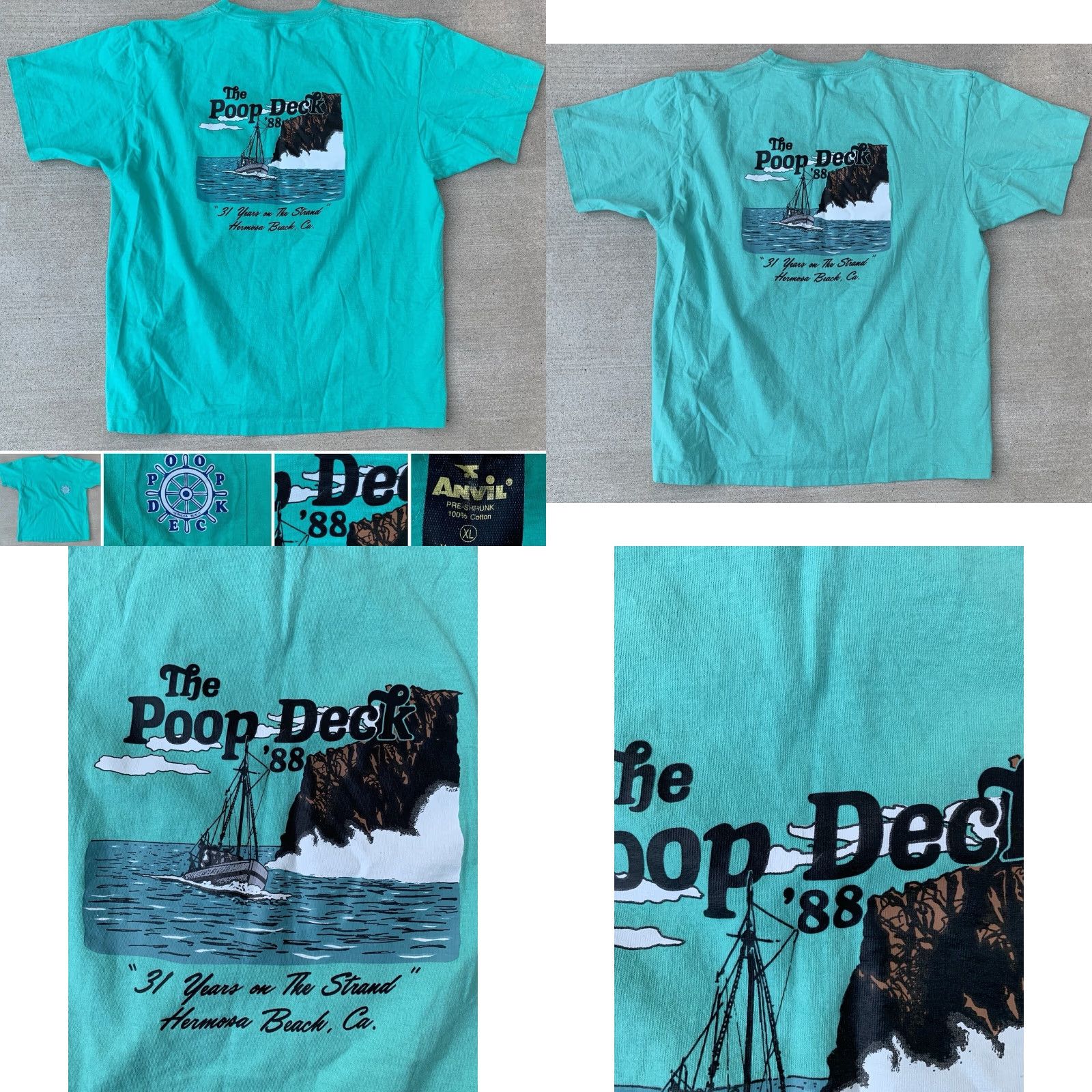 Anvil VINTAGE Anvil T-Shirt Pocket Tee Shirt 80s 1980s Hermosa Beach POOP DECK The ‘88 XL Green Cotton Mens Size US XL / EU 56 / 4 - 9 Thumbnail