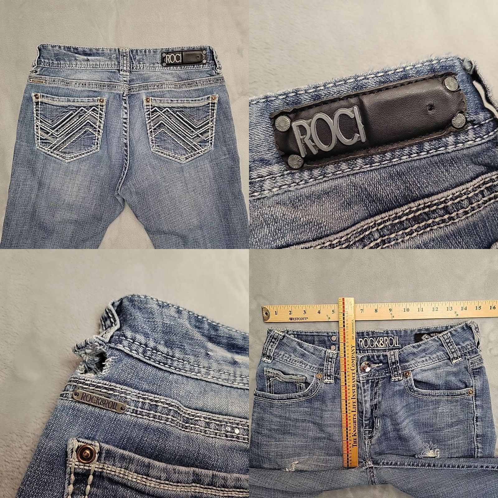 Denime Rock & Roll Cowgirl Jeans Womens 29x32 Faded Distressed Denim Mid Rise Skinny Jeans 90s Western USA Mens Womens Boys Girls Size 29" - 8 Thumbnail
