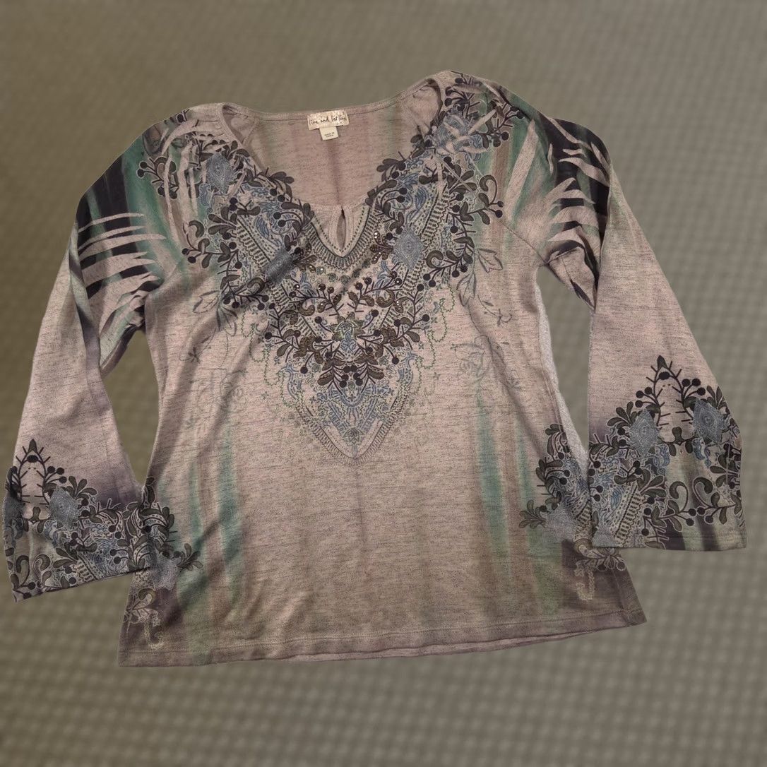 Olive Live And Let Live Blouse Womens S Multicolor Floral V Neck Studded Top Size S / US 4 / IT 40 - 1 Thumbnail