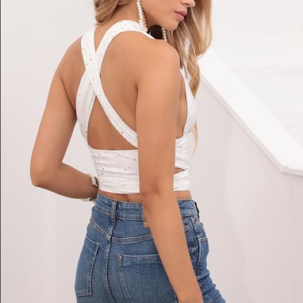 Designer Elegant White Wrap Crop Top with Sparkle Size M / US 6-8 / IT 42-44 - 3 Thumbnail