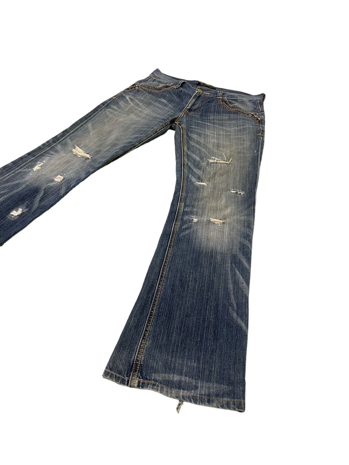Japanese Brand Flare Jeans Rush Hour Faded Distress Boot Cut 8🟦4 Size US 33 - 3 Thumbnail