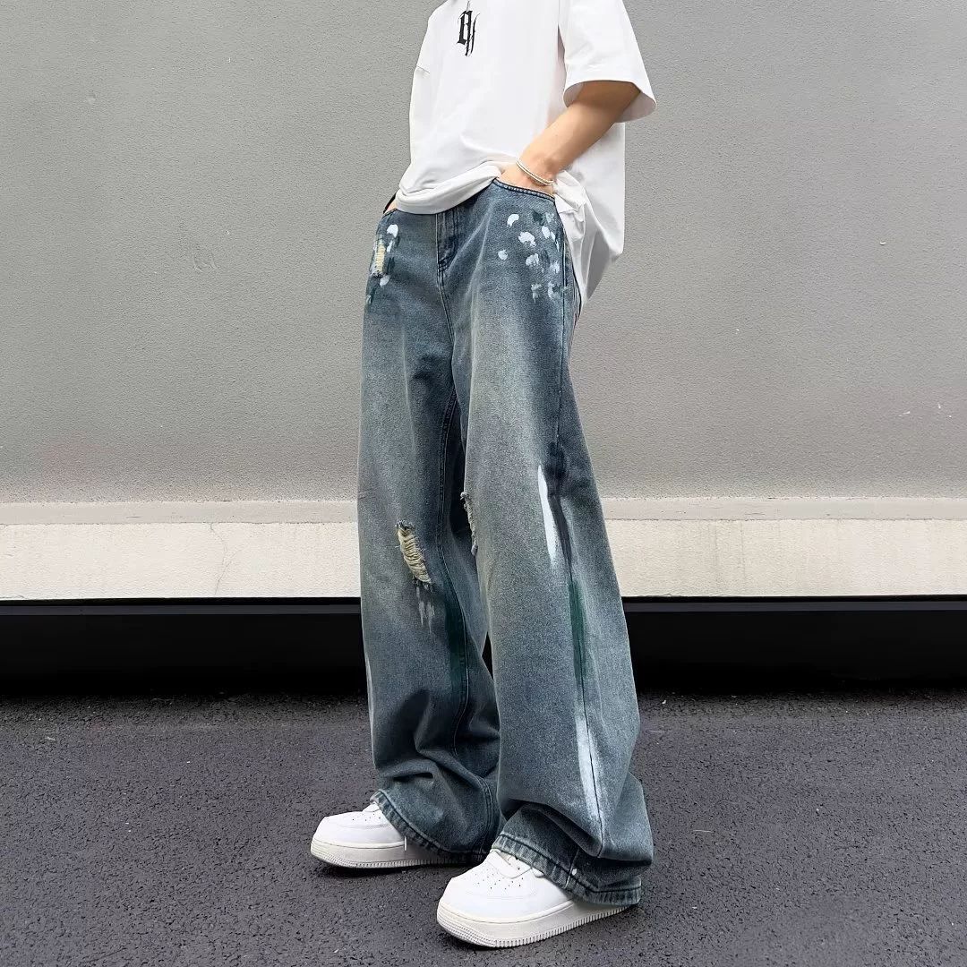 Japanese Brand Men's loose wide-leg straight washed ripped jeans Size US 32 / EU 48 - 2 Thumbnail