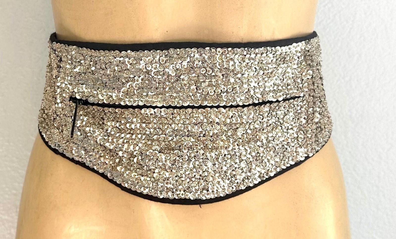Designer Sequin Cummerbund Fashion Belt Silver Size ONE SIZE - 1 Thumbnail
