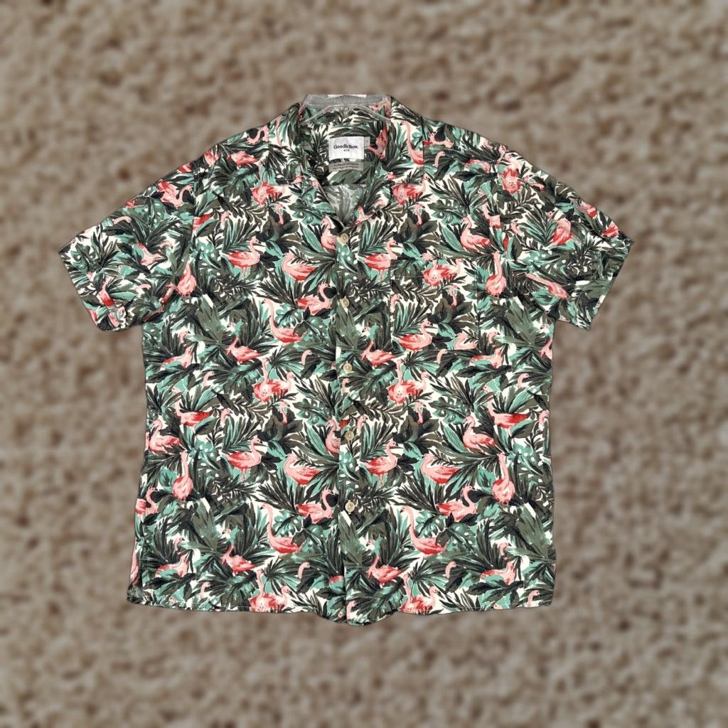 Vintage Goodfellow & Co Shirt Mens Large Green Pink Flamingo AOP Hawaiian Button Rayon Size US L / EU 52-54 / 3 - 1 Thumbnail