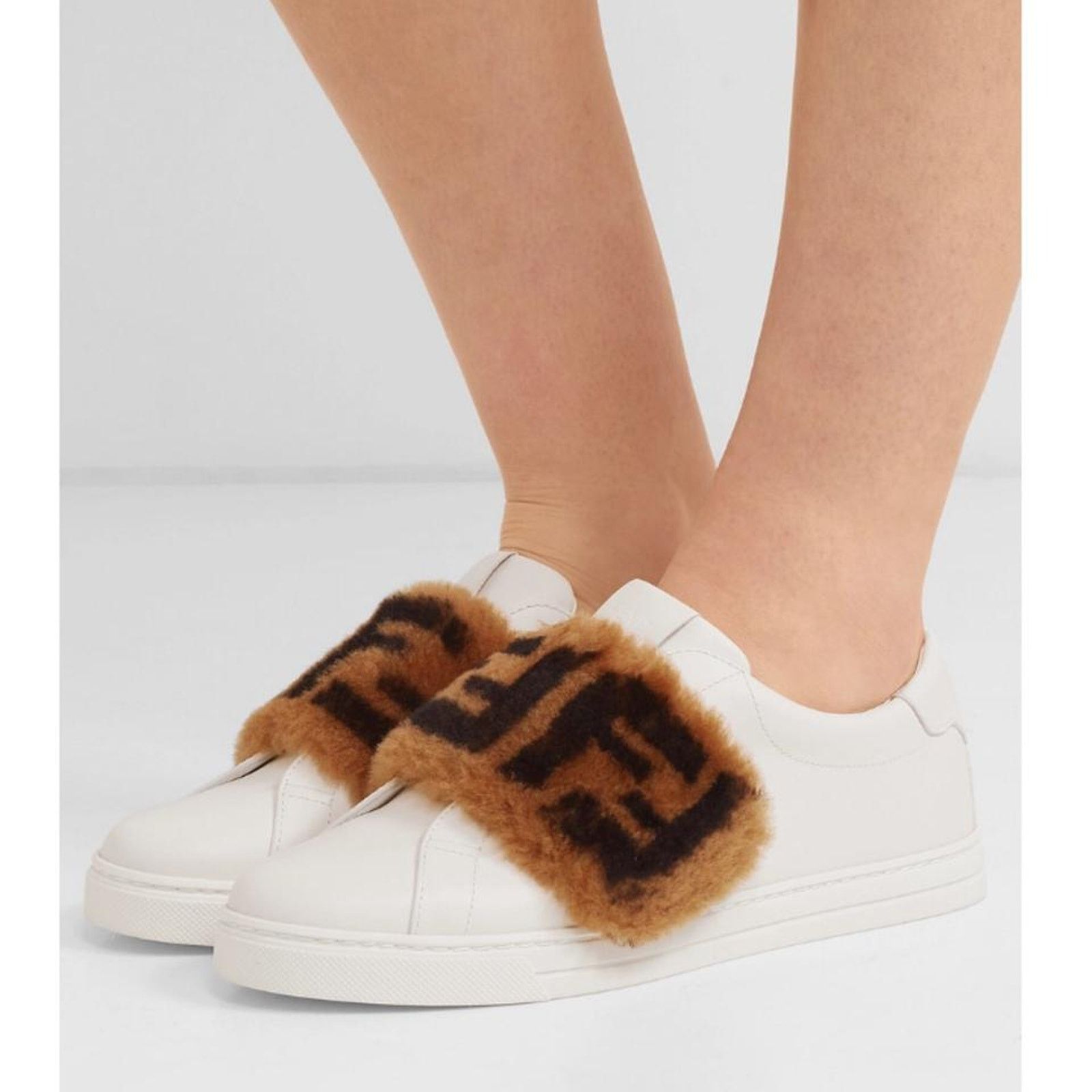 FENDI FF logo motif shearling fur panel leather sneakers 37