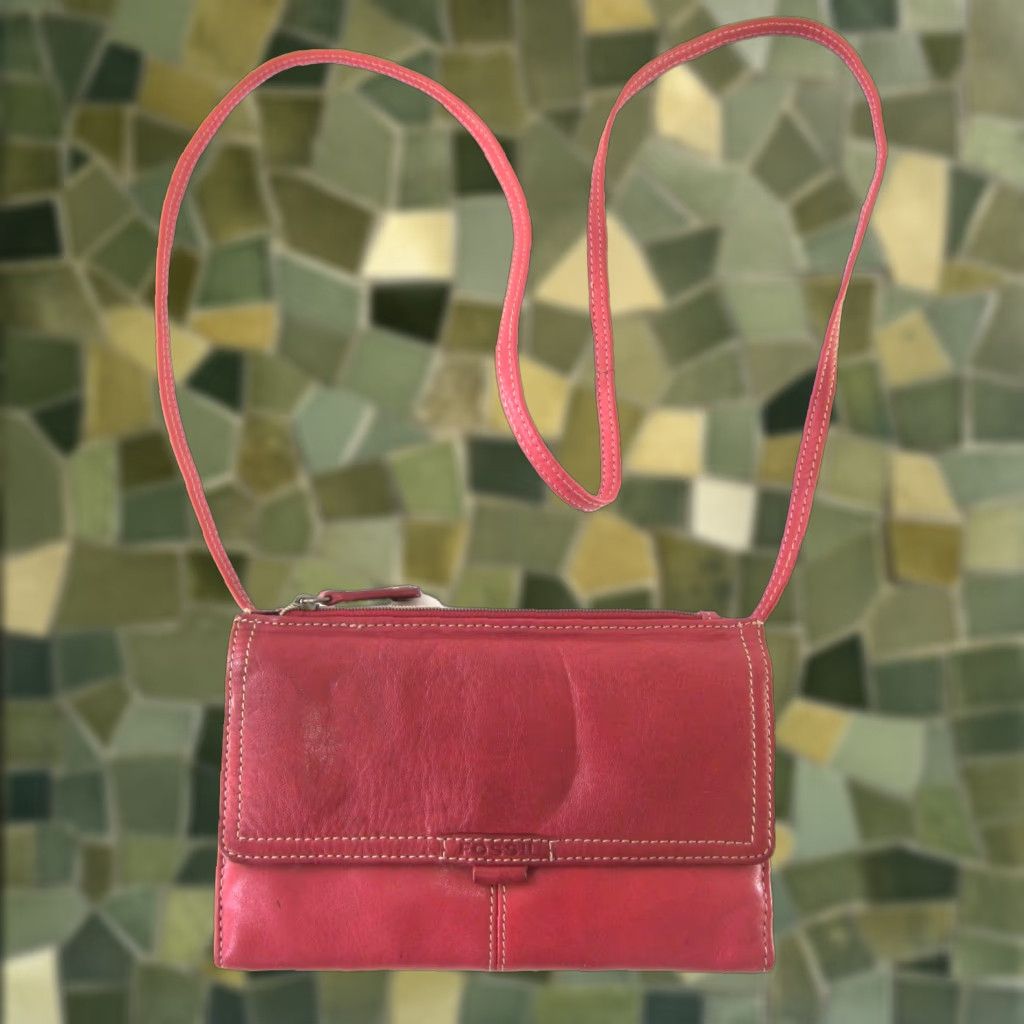 Fossil VINTAGE Fossil Red Leather Crossbody Satchel Wallet Purse Trifold 100% Leather Size ONE SIZE - 1 Thumbnail
