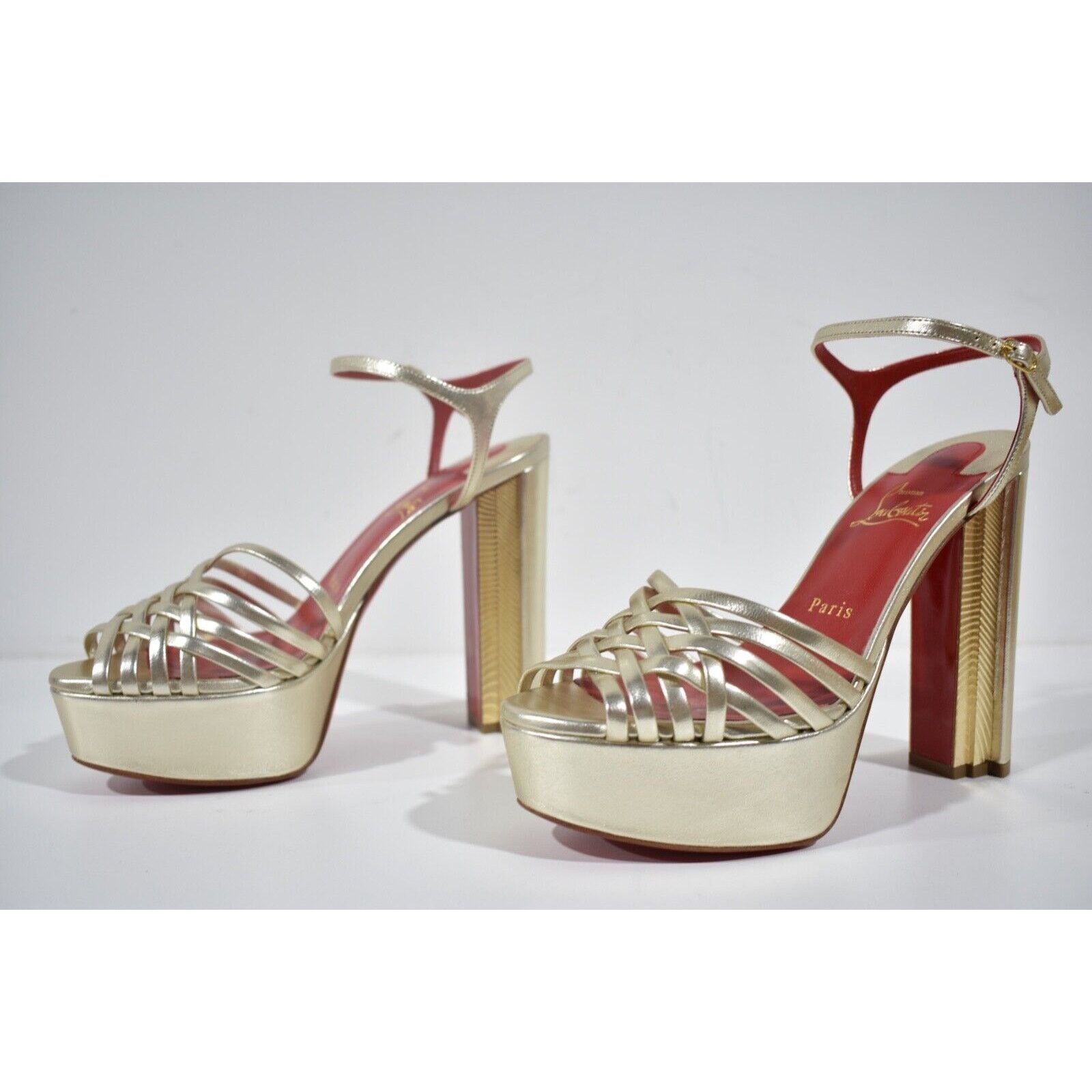 Christian Louboutin Coluna Girl 130 Gold Platform Block Heel Sandal Pump 40 Size US 10 / IT 40 - 8 Thumbnail
