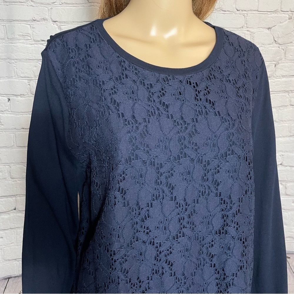 Talbots NWT New Talbots Navy Lace Front Long Sleeve Cotton Top Size Size XL / US 12-14 / IT 48-50 - 3 Thumbnail
