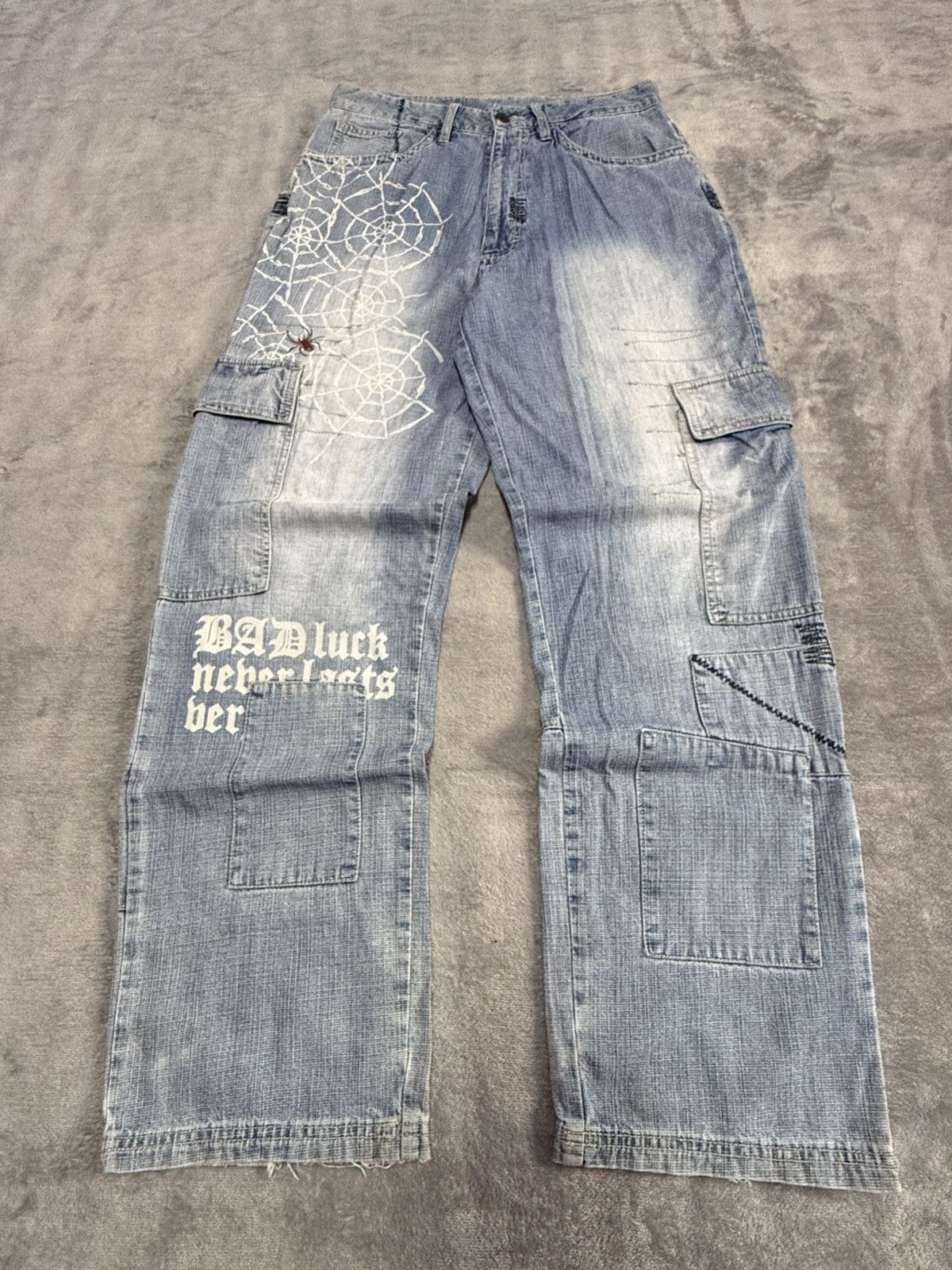 Vintage Spider Web Poems Japanese baggy Cargo Denim Pants