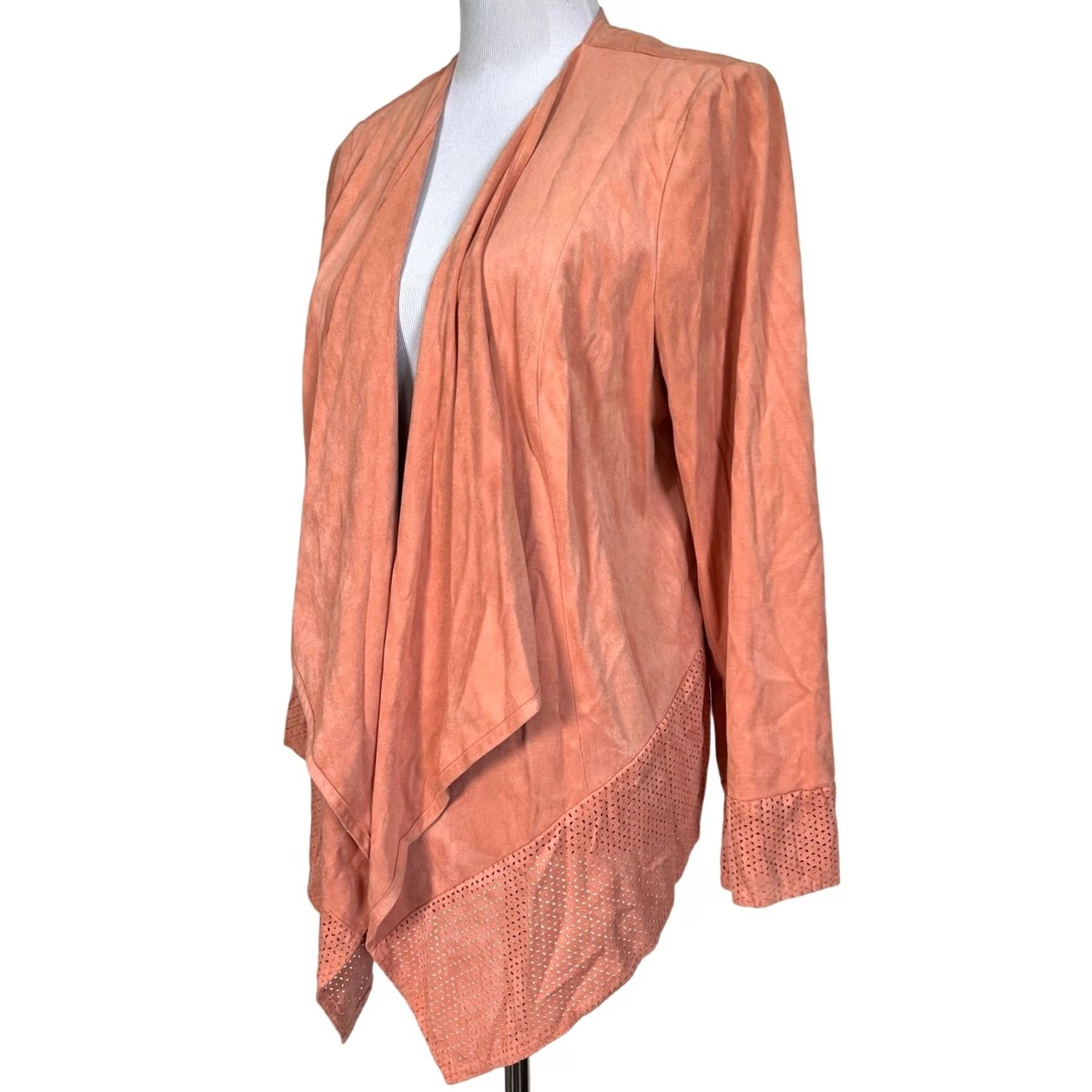 Vintage Chico's Pink Faux Suede Perforated Drape Cardigan Jacket Top Open Front Sz 2 (L) Coatigan Womens Size L / US 10 / IT 46 - 4 Thumbnail