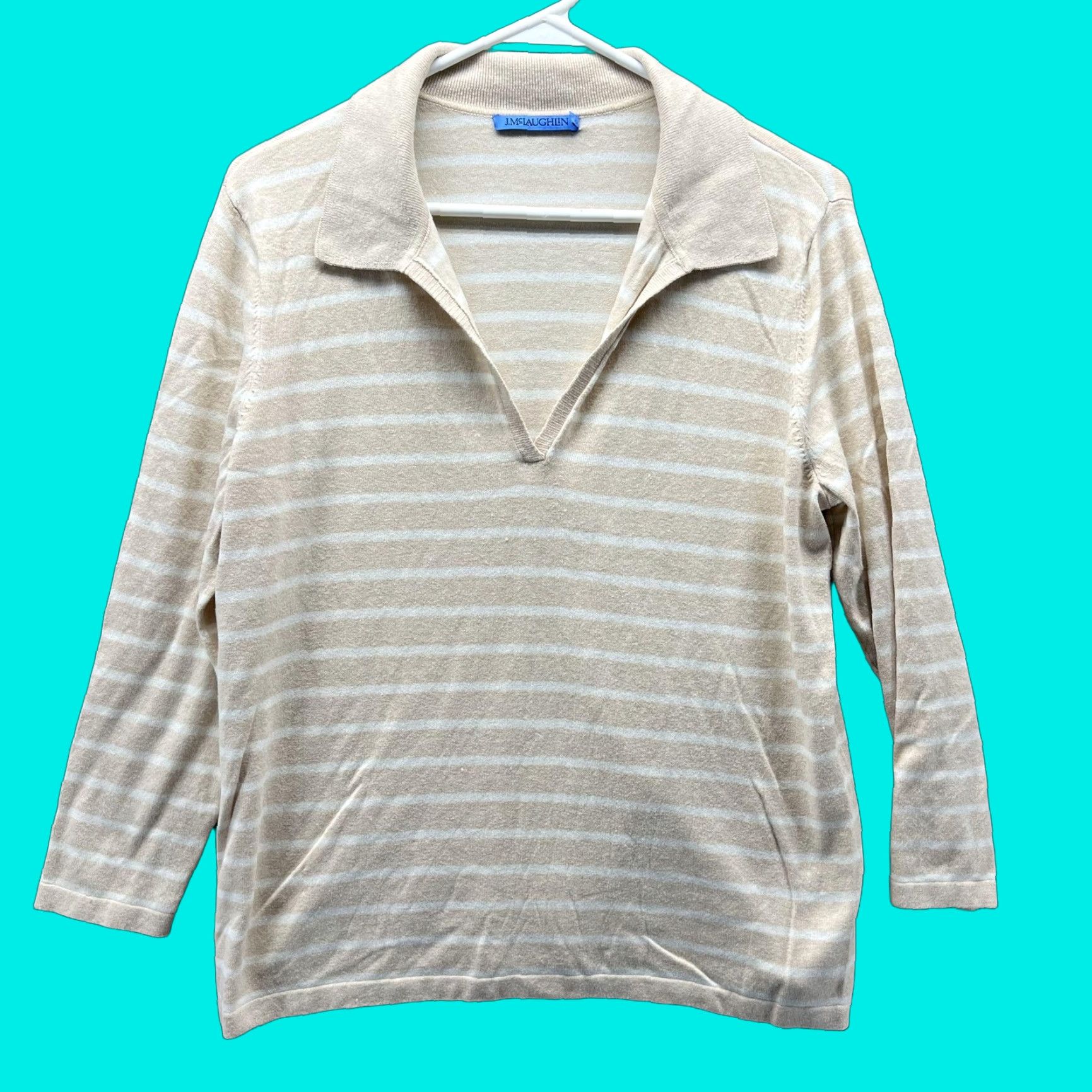J.McLaughlin J. McLaughlin Polo Shirt Womens Medium Beige Stripe 3/4 Sleeve Collared Top Size M / US 6-8 / IT 42-44 - 1 Thumbnail