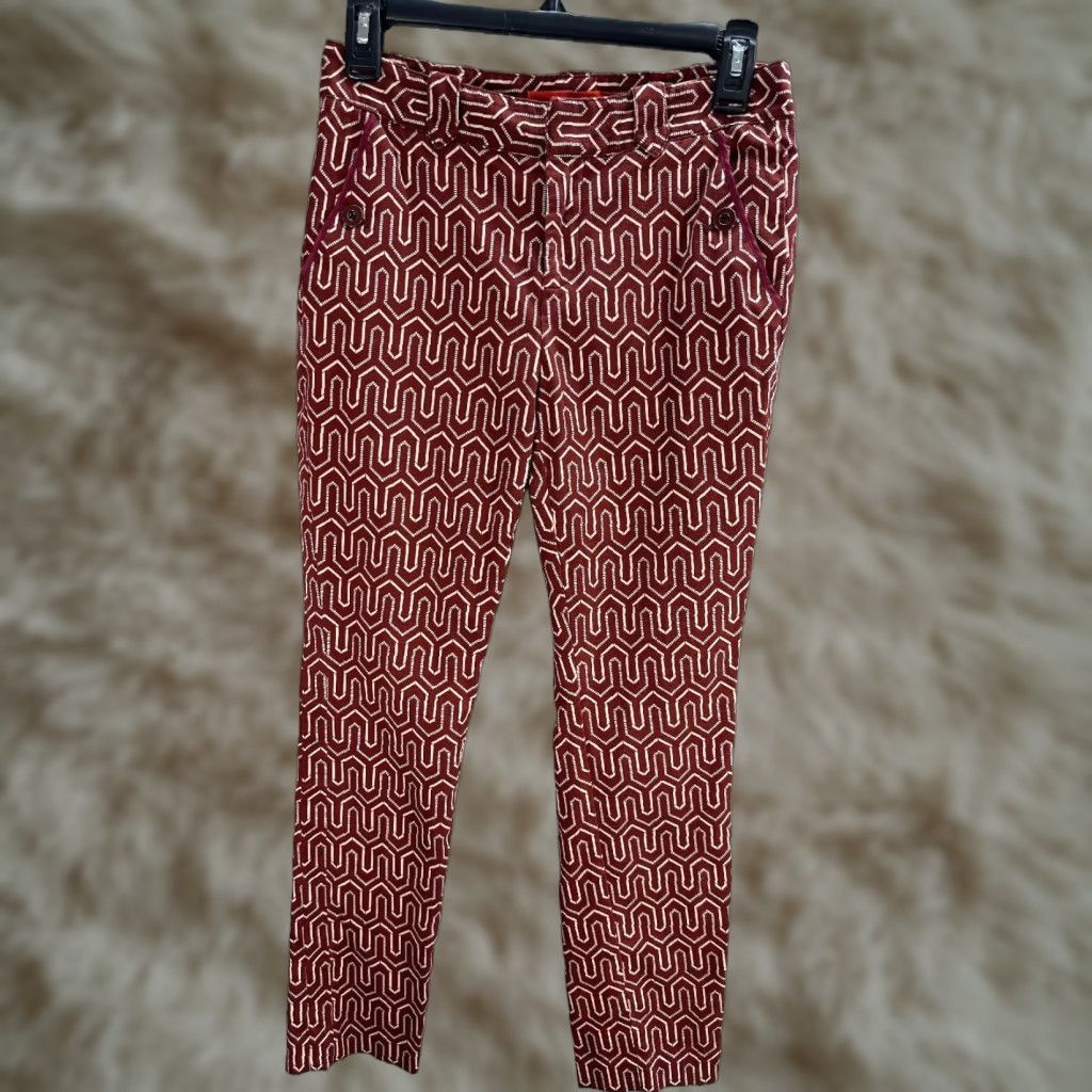 Vintage Cartonnier Womens Red Geometric Chino Pants Side Pockets Cotton Blend Sz 2 Size 28" / US 6 / IT 42 - 1 Thumbnail