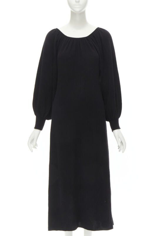 Other RYAN ROCHE 100% cashmere black pleated collar bubble sleeve midi dress S Size S / US 4 / IT 40 - 1 Thumbnail