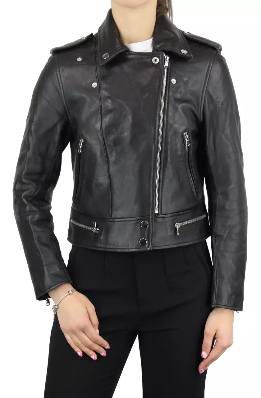 Sandro SANDRO Jacket Women's MEDIUM Lamb Leather Biker Full Zip Size M / US 6-8 / IT 42-44 - 2 Thumbnail
