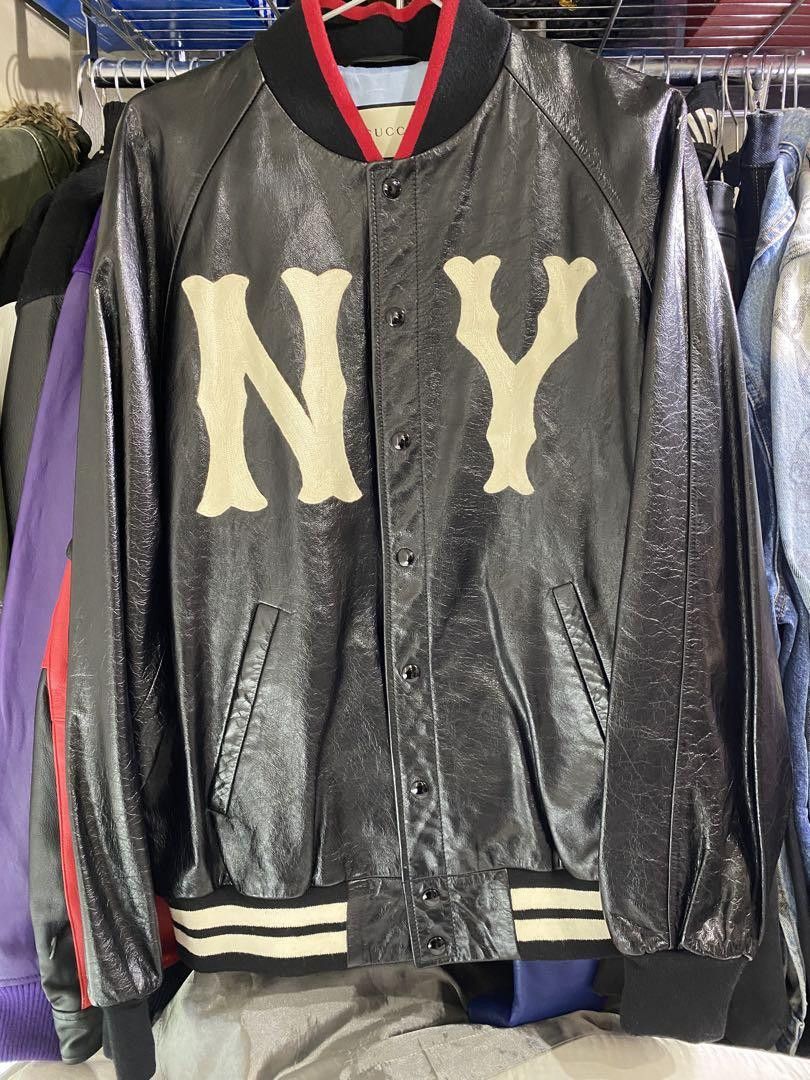 image of Gucci X New York Yankees Leather Jacket Bomber in Black, Men's (Size Small)