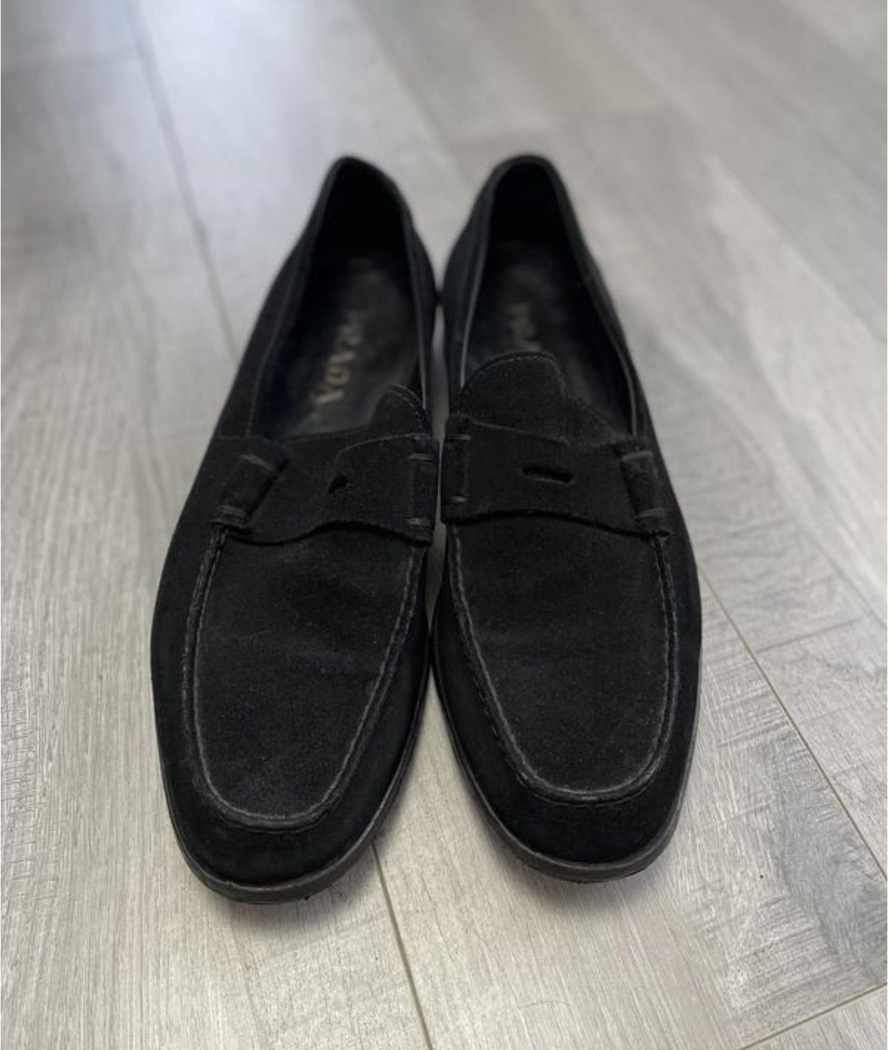 Prada Suede Penny Loafers Vintage Shoes Leather Boots Derby in Black, Men's (Size 10.5)
