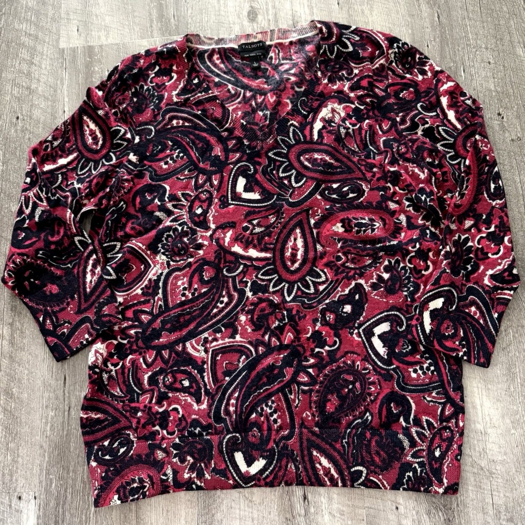 Talbots Talbots Pure Merino Wool Sweater Womens L Pink Black Paisley 3/4 Sleeve V-Neck Pullover Regular Size L / US 10 / IT 46 - 6 Thumbnail