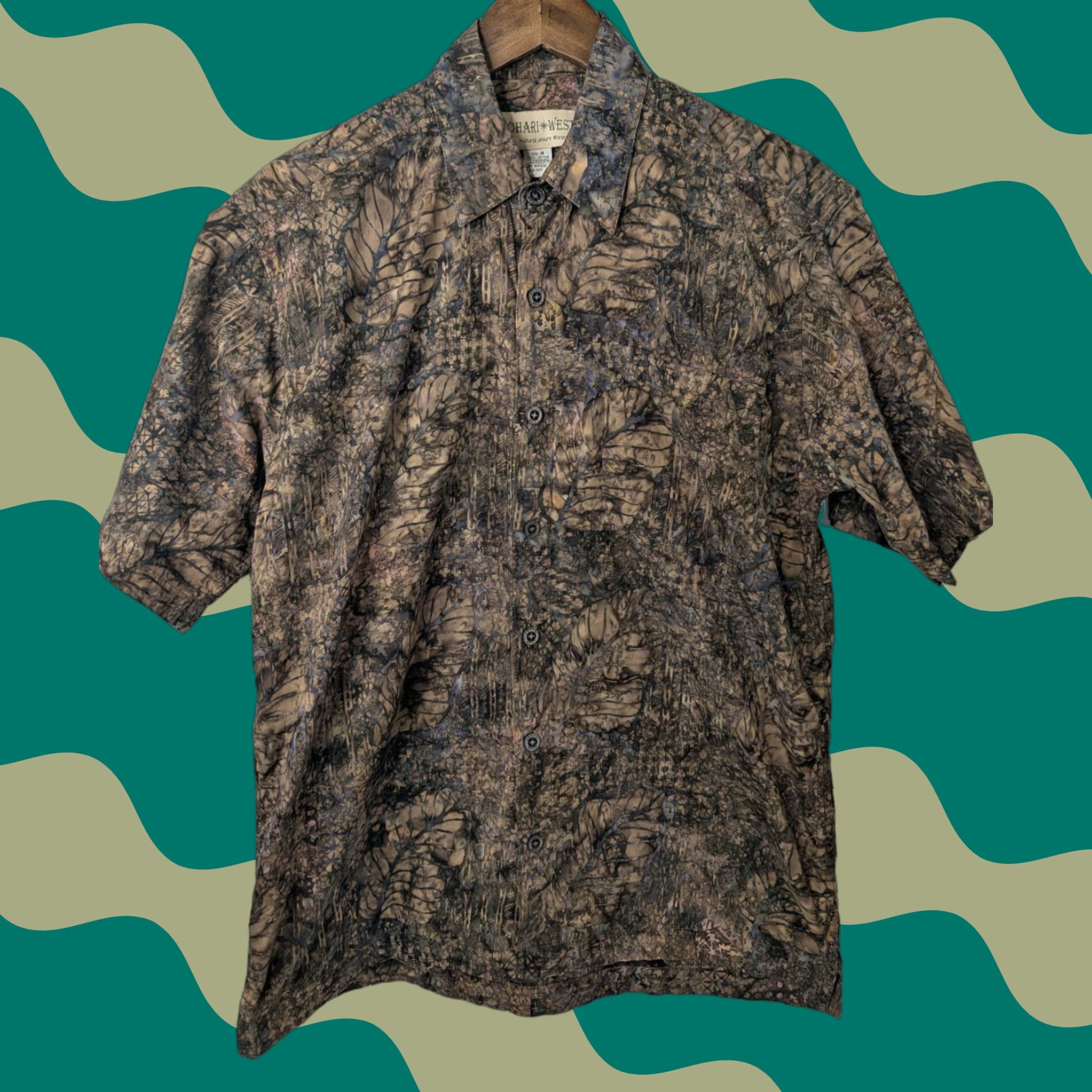 Vintage Johari West Shirt Mens Medium Brown Batik Leaf Hawaiian Abstract Button Up Size US M / EU 48-50 / 2 - 1 Thumbnail