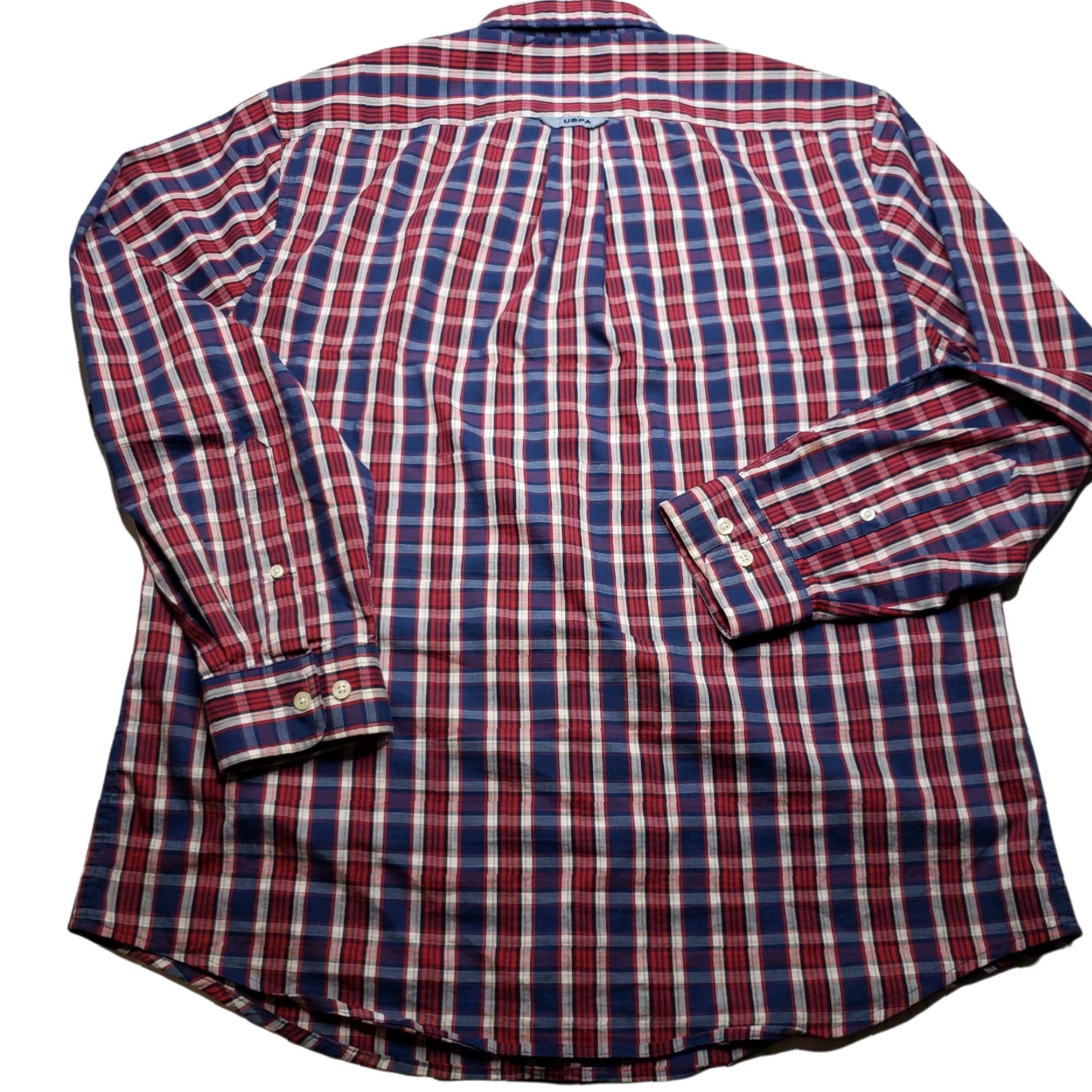 US Polo Assn Button-Down Shirt Long Sleeve XL Crest Plaid Red White Blue Cotton Blend Men's Shirt