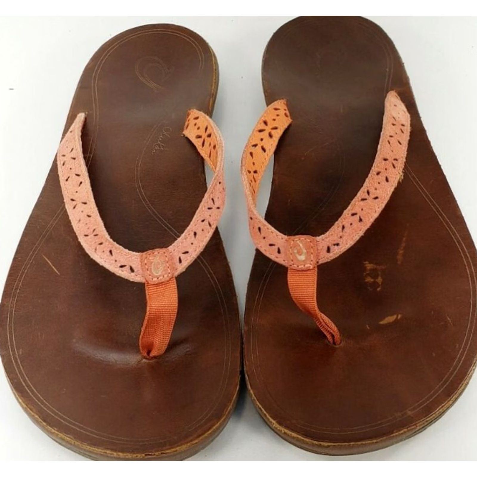 Olukai OluKai Puka Flip Flops Sandals Womens Size 9 Coral Perforated Straps Leather Slip On Flat Satin? Size US 9 / IT 39 - 5 Thumbnail